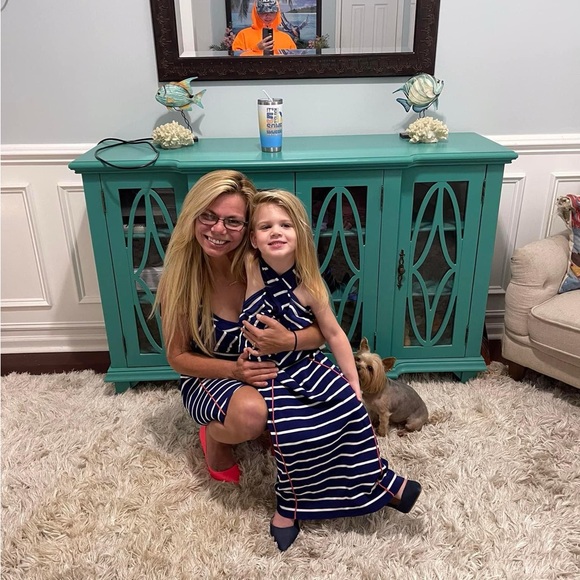 Jessica Simpson bodycon navy & white striped dress with a pop of pink. - Picture 10 of 10